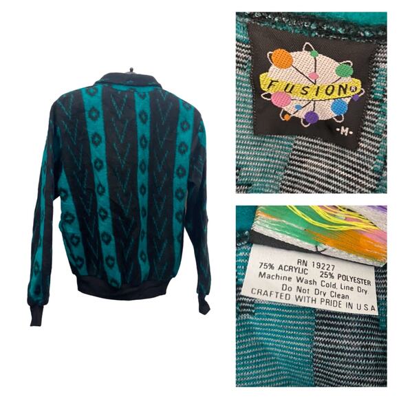 Vintage 1990s Stripe Quarter Zip Fleece Sweater Jacket USA Made / Medium - - Picture 4 of 4